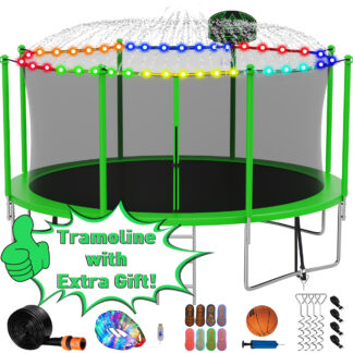 Kumix Trampoline with Enclosure Net for Kids Adults, 1400LBS 14FT Trampolines with Basketball Hoop, Ladder, LED Lights, Sprinkler, Socks, Outdoor Heavy Duty Round Trampoline