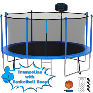 Kumix Trampoline with Enclosure Net for Kids Adults, 1400LBS 14FT Recreational Trampolines with Basketball Hoop, Ladder, Wind Stake, Outdoor Heavy Duty Round Trampoline for Family