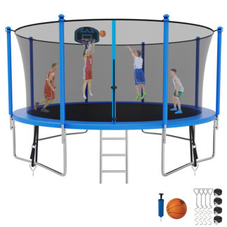 Kumix Trampoline with Enclosure, 1400LBS 14FT Trampoline for Kids Adults, Trampoline with Basketball Hoop, Ladder, Wind Stake, Recreational Outdoor Heavy Duty Trampoline for Family