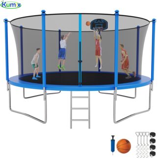 Kumix Trampoline 1400LBS 14 12 FT Trampoline for 7-8 Kids and Adults, Windproof Outdoor Trampoline with Enclosure Net, Basketball Hoop, Easy to Install & Last Long