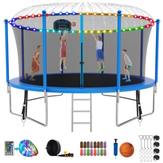 Kumix Trampoline with Enclosure, 1400LBS 14FT Trampoline for Kids Adults, Trampoline with Basketball Hoop, Ladder, Lights, Sprinkler and Socks, Outdoor Heavy Duty Trampoline for Family