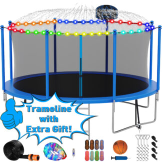 Kumix Trampoline with Enclosure Net for Kids Adults, 1400LBS 14FT Trampolines with Basketball Hoop, Ladder, Christmas Lights, Sprinkler, Socks, Outdoor Heavy Duty Round Trampoline