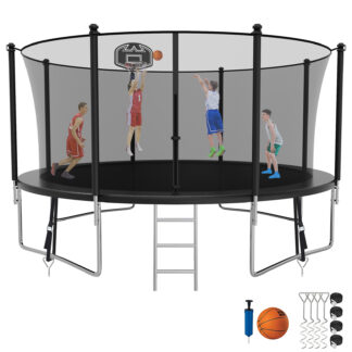 Kumix Trampoline with Enclosure, 1400LBS 14FT Trampoline for Kids Adults, Trampoline with Basketball Hoop, Ladder, Wind Stake, Recreational Outdoor Heavy Duty Trampoline for Family