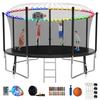 Kumix Trampoline with Enclosure, 1400LBS 14FT Trampoline for Kids Adults, Trampoline with Basketball Hoop, Ladder, Lights, Sprinkler and Socks, Outdoor Heavy Duty Trampoline for Family