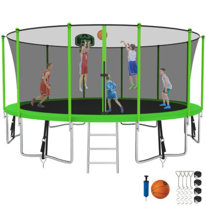 Kumix Trampoline with Enclosure, 1500LBS 15FT Trampoline for Kids Adults, Trampoline with Basketball Hoop, Ladder, Wind Stake, Recreational Outdoor Heavy Duty Trampoline for Family