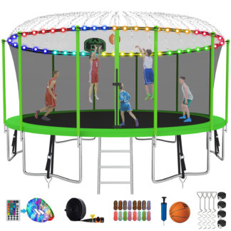 Kumix Trampoline with Enclosure, 1500LBS 15FT Trampoline for Kids Adults, Trampoline with Basketball Hoop, Ladder, Lights, Sprinkler and Socks, Outdoor Heavy Duty Trampoline for Family