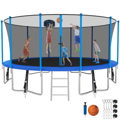 Kumix Trampoline with Enclosure, 1500LBS 15FT Trampoline for Kids Adults, Trampoline with Basketball Hoop, Ladder, Wind Stake, Recreational Outdoor Heavy Duty Trampoline for Family
