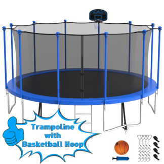 Kumix Trampoline with Enclosure Net for Kids Adults, 1500LBS 15FT Recreational Trampolines with Basketball Hoop, Ladder, Wind Stake, Outdoor Heavy Duty Round Trampoline for Family