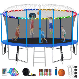 Kumix Trampoline with Enclosure, 1500LBS 15FT Trampoline for Kids Adults, Trampoline with Basketball Hoop, Ladder, Lights, Sprinkler and Socks, Outdoor Heavy Duty Trampoline for Family