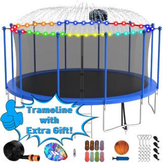Kumix Trampoline with Enclosure Net for Kids Adults, 1500LBS 15FT Trampolines with Basketball Hoop, Ladder, Christmas Lights, Sprinkler, Socks, Outdoor Heavy Duty Round Trampoline