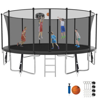 Kumix Trampoline with Enclosure, 1500LBS 15FT Trampoline for Kids Adults, Trampoline with Basketball Hoop, Ladder, Wind Stake, Recreational Outdoor Heavy Duty Trampoline for Family