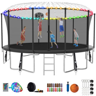 Kumix Trampoline with Enclosure, 1500LBS 15FT Trampoline for Kids Adults, Trampoline with Basketball Hoop, Ladder, Lights, Sprinkler and Socks, Outdoor Heavy Duty Trampoline for Family