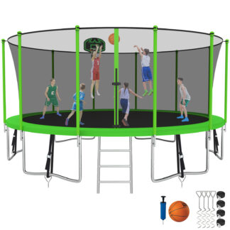 Kumix Trampoline with Enclosure, 1500LBS 16FT Trampoline for Kids Adults, Trampoline with Basketball Hoop, Ladder, Wind Stake, Recreational Outdoor Heavy Duty Trampoline for Family