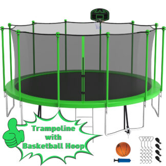 Kumix Trampoline with Enclosure Net for Kids Adults, 1500LBS 16FT Recreational Trampolines with Basketball Hoop, Ladder, Wind Stake, Outdoor Heavy Duty Round Trampoline for Family
