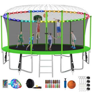 Kumix Trampoline with Enclosure, 1500LBS 16FT Trampoline for Kids Adults, Trampoline with Basketball Hoop, Ladder, Lights, Sprinkler and Socks, Outdoor Heavy Duty Trampoline for Family