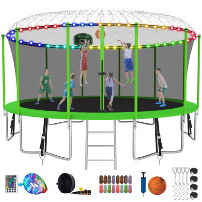 Kumix Trampoline with Enclosure, 1500LBS 16FT Trampoline for Kids Adults, Trampoline with Basketball Hoop, Ladder, Lights, Sprinkler and Socks, Outdoor Heavy Duty Trampoline for Family