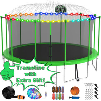 Kumix Trampoline with Enclosure Net for Kids Adults, 1500LBS 16FT Trampolines with Basketball Hoop, Ladder, LED Lights, Sprinkler, Socks, Outdoor Heavy Duty Round Trampoline