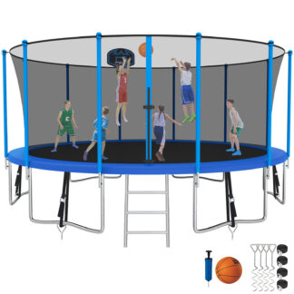 Kumix Trampoline with Enclosure, 1500LBS 16FT Trampoline for Kids Adults, Trampoline with Basketball Hoop, Ladder, Wind Stake, Recreational Outdoor Heavy Duty Trampoline for Family