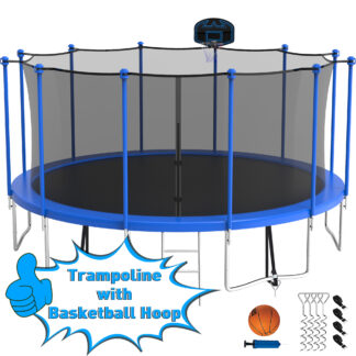 Kumix Trampoline with Enclosure Net for Kids Adults, 1500LBS 16FT Recreational Trampolines with Basketball Hoop, Ladder, Wind Stake, Outdoor Heavy Duty Round Trampoline for Family