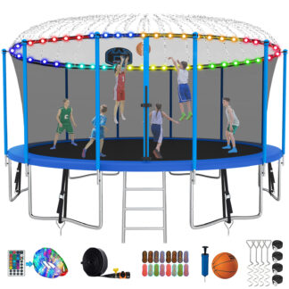 Kumix Trampoline with Enclosure, 1500LBS 16FT Trampoline for Kids Adults, Trampoline with Basketball Hoop, Ladder, Lights, Sprinkler and Socks, Outdoor Heavy Duty Trampoline for Family