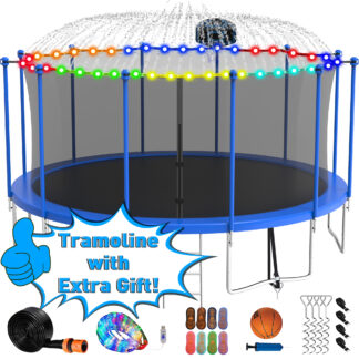 Kumix Trampoline with Enclosure Net for Kids Adults, 1500LBS 16FT Trampolines with Basketball Hoop, Ladder, Christmas Lights, Sprinkler, Socks, Outdoor Heavy Duty Round Trampoline