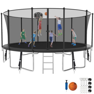 Kumix Trampoline with Enclosure, 1500LBS 16FT Trampoline for Kids Adults, Trampoline with Basketball Hoop, Ladder, Wind Stake, Recreational Outdoor Heavy Duty Trampoline for Family