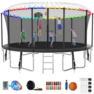 Kumix Trampoline with Enclosure, 1500LBS 16FT Trampoline for Kids Adults, Trampoline with Basketball Hoop, Ladder, Lights, Sprinkler and Socks, Outdoor Heavy Duty Trampoline for Family