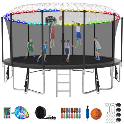 Kumix Trampoline with Enclosure, 1500LBS 16FT Trampoline for Kids Adults, Trampoline with Basketball Hoop, Ladder, Lights, Sprinkler and Socks, Outdoor Heavy Duty Trampoline for Family