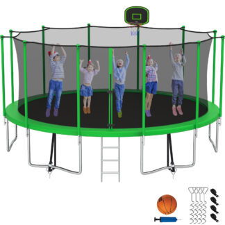 Kumix Trampoline with Enclosure Net for Kids Adults, 1500LBS 15FT Recreational Trampolines with Basketball Hoop, Ladder, Wind Stake, Outdoor Heavy Duty Round Trampoline for Family