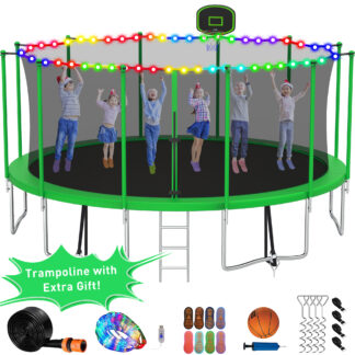 Kumix Trampoline with Enclosure Net for Kids Adults, 1500LBS 16FT Trampolines with Basketball Hoop, Ladder, Christmas Lights, Sprinkler, Socks, Outdoor Heavy Duty Round Trampoline