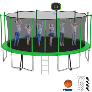 Kumix Trampoline with Enclosure Net for Kids Adults, 1500LBS 16FT Recreational Trampolines with Basketball Hoop, Ladder, Wind Stake, Outdoor Heavy Duty Round Trampoline for Family