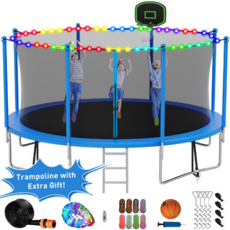 Kumix Trampoline with Enclosure Net for Kids Adults, 1200LBS 12FT Trampolines with Basketball Hoop, Ladder, Christmas Lights, Sprinkler, Socks, Outdoor Heavy Duty Round Trampoline