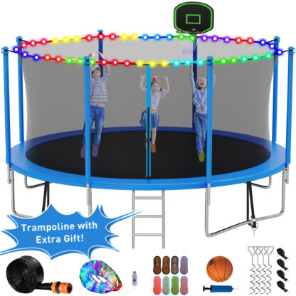 Kumix Trampoline with Enclosure Net for Kids Adults, 1200LBS 12FT Trampolines with Basketball Hoop, Ladder, Christmas Lights, Sprinkler, Socks, Outdoor Heavy Duty Round Trampoline