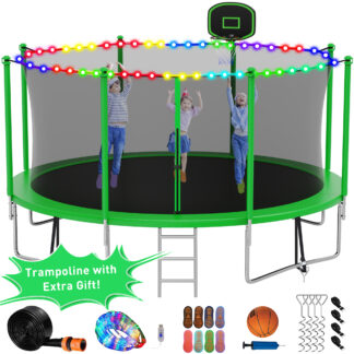 Kumix Trampoline with Enclosure Net for Kids Adults, 1200LBS 12FT Trampolines with Basketball Hoop, Ladder, Christmas Lights, Sprinkler, Socks, Outdoor Heavy Duty Round Trampoline