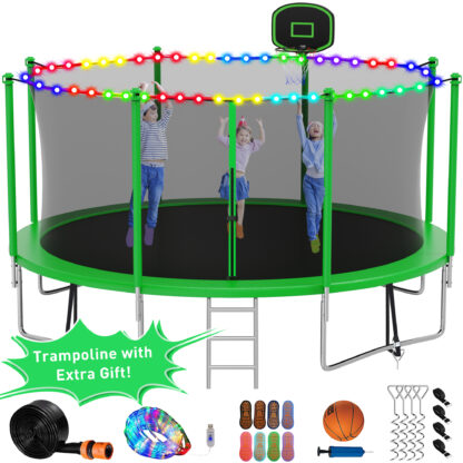 Kumix Trampoline with Enclosure Net for Kids Adults, 1200LBS 12FT Trampolines with Basketball Hoop, Ladder, Christmas Lights, Sprinkler, Socks, Outdoor Heavy Duty Round Trampoline