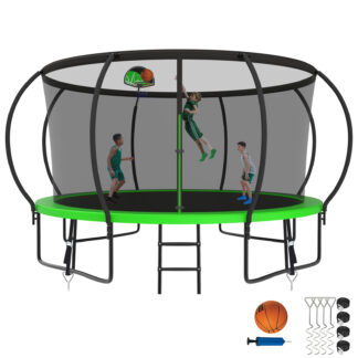Kumix Trampoline for Adults and 5-6 Kids, 12FT 14FT Trampoline with Enclosure, Basketball Hoop, Ladder, Wind Stake, 1200LBS Outdoor Heavy Duty Galvanized Full Spray Trampoline with Curve Pole, Green