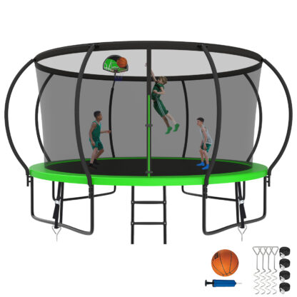 Kumix Trampoline for Adults and 5-6 Kids, 12FT 14FT Trampoline with Enclosure, Basketball Hoop, Ladder, Wind Stake, 1200LBS Outdoor Heavy Duty Galvanized Full Spray Trampoline with Curve Pole, Green