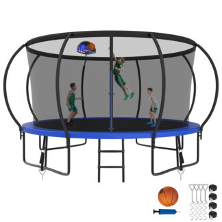 Kumix Trampoline for Adults and 5-6 Kids, 12FT 14FT Trampoline with Enclosure, Basketball Hoop, Ladder, Wind Stake, 1200LBS Outdoor Heavy Duty Galvanized Full Spray Trampoline with Curve Pole, Blue