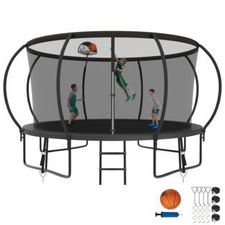 Kumix Trampoline for Adults and 5-6 Kids, 12FT 14FT Trampoline with Enclosure, Basketball Hoop, Ladder, Wind Stake, 1200LBS Outdoor Heavy Duty Galvanized Full Spray Trampoline with Curve Pole, Black