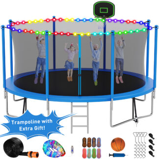 Kumix Trampoline with Enclosure Net for Kids Adults, 1400LBS 14FT Trampolines with Basketball Hoop, Ladder, Christmas Lights, Sprinkler, Socks, Outdoor Heavy Duty Round Trampoline