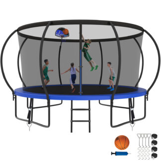 Kumix Trampoline for Adults and 7-8 Kids, 14FT Trampoline with Enclosure, Basketball Hoop, Ladder, Wind Stake, 1400LBS Outdoor Heavy Duty Galvanized Full Spray Trampoline with Curve Pole, Blue