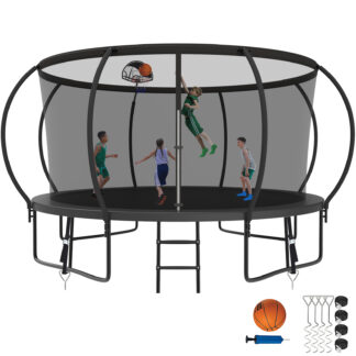 Kumix Trampoline for Adults and 7-8 Kids, 14FT 12FT Trampoline with Enclosure, Basketball Hoop, Ladder, Wind Stake, 1400LBS Outdoor Heavy Duty Galvanized Full Spray Trampoline with Curve Pole, Black