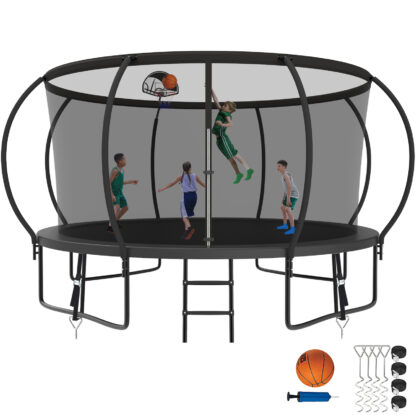 Kumix Trampoline for Adults and 7-8 Kids, 14FT 12FT Trampoline with Enclosure, Basketball Hoop, Ladder, Wind Stake, 1400LBS Outdoor Heavy Duty Galvanized Full Spray Trampoline with Curve Pole, Black