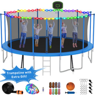 Kumix Trampoline with Enclosure Net for Kids Adults, 1500LBS 15FT Trampolines with Basketball Hoop, Ladder, Christmas Lights, Sprinkler, Socks, Outdoor Heavy Duty Round Trampoline