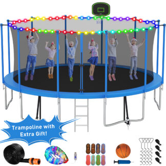 Kumix Trampoline with Enclosure Net for Kids Adults, 1500LBS 16FT Trampolines with Basketball Hoop, Ladder, Christmas Lights, Sprinkler, Socks, Outdoor Heavy Duty Round Trampoline