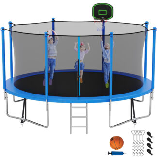 Kumix Trampoline with Enclosure Net for Kids Adults, 1200LBS 12FT Recreational Trampolines with Basketball Hoop, Ladder, Wind Stake, Outdoor Heavy Duty Round Trampoline for Family