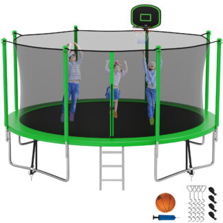 Kumix Trampoline with Enclosure Net for Kids Adults, 1200LBS 12FT Recreational Trampolines with Basketball Hoop, Ladder, Wind Stake, Outdoor Heavy Duty Round Trampoline for Family