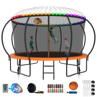 Kumix Trampoline 12FT 1200LBS for 2-3 Adults/ 6-7Kids, Trampolines with Enclosure, Basketball Hoop, Wind Stakes and More Gifts, Outdoor Heavy Duty Galvanized Full Spray Pumpkin Trampoline, Orange