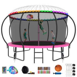 Kumix Trampoline 12FT 1200LBS for 2-3 Adults/ 6-7Kids, Trampolines with Enclosure, Basketball Hoop, Wind Stakes and More Gifts, Outdoor Heavy Duty Galvanized Full Spray Pumpkin Trampoline, Pink