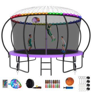 Kumix Trampoline 12FT 1200LBS for 2-3 Adults/ 6-7Kids, Trampolines with Enclosure, Basketball Hoop, Wind Stakes and More Gifts, Outdoor Heavy Duty Galvanized Full Spray Pumpkin Trampoline, Purple